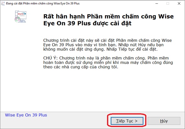 Giao diện chọn Tiếp Tục khi cài đặt phần mềm