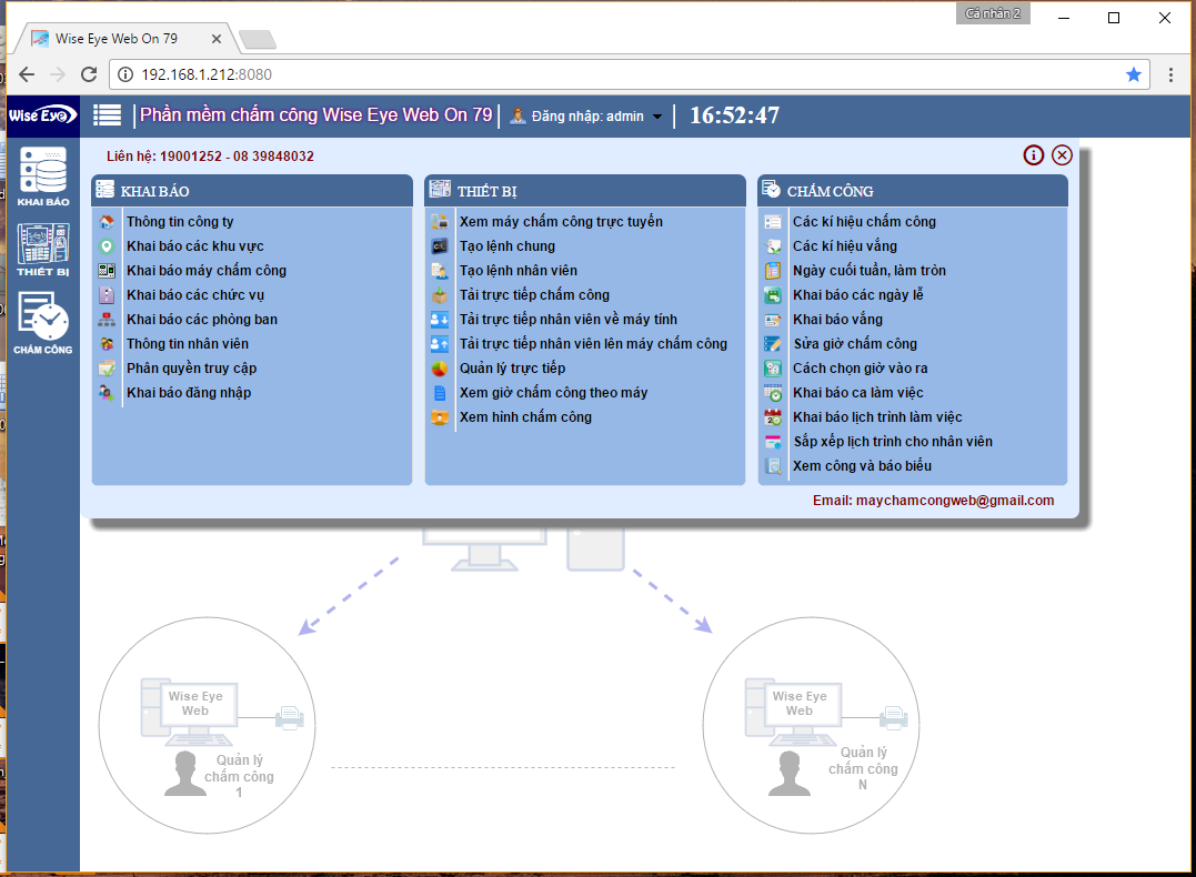 Giao diện phần mềm chấm công Wise Eye Web On 79 trên trình duyệt