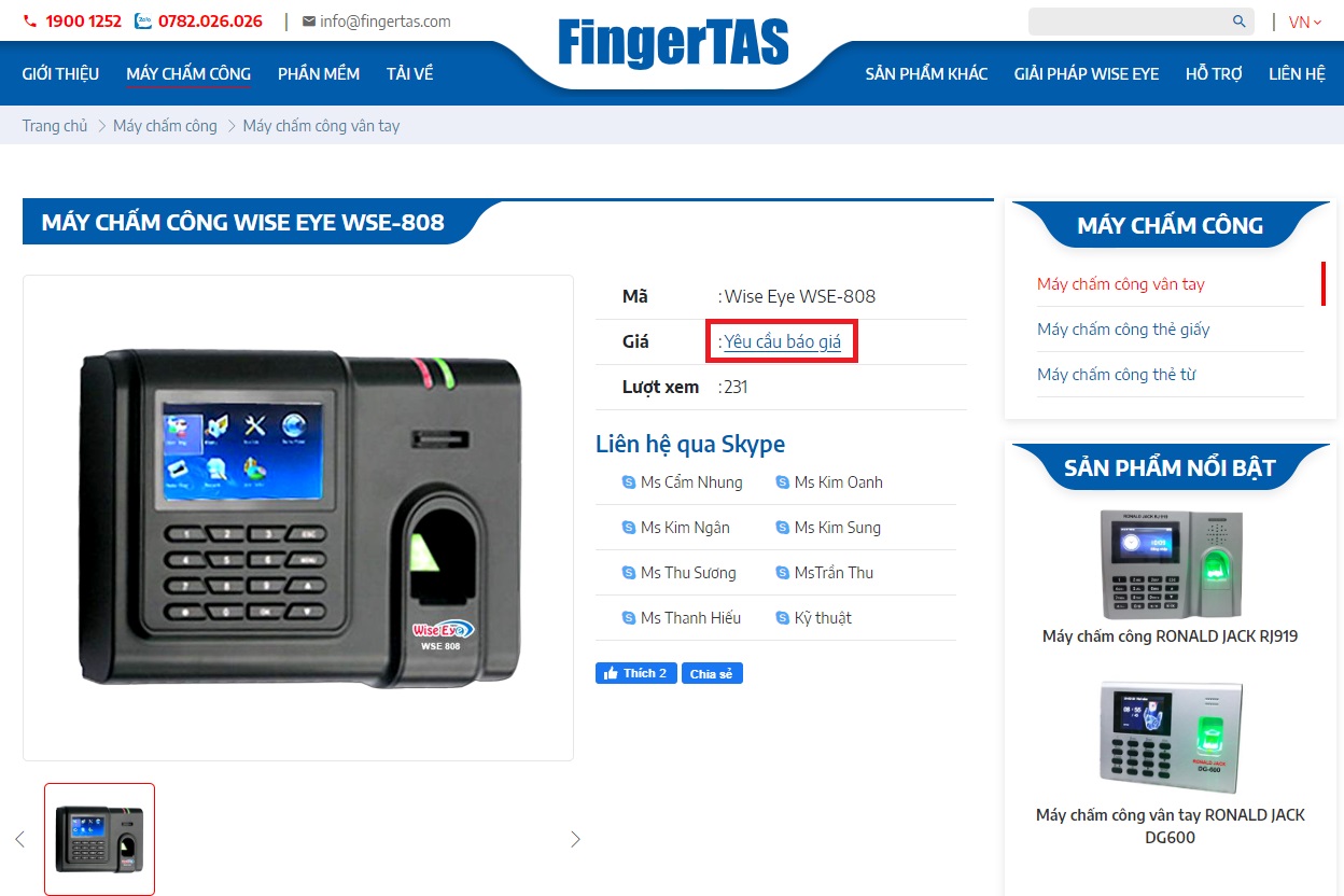 Trang chi tiết sản phẩm trên website Fingertas