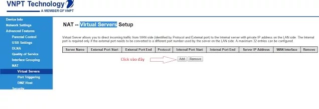 Virtual Servers modem VNPT