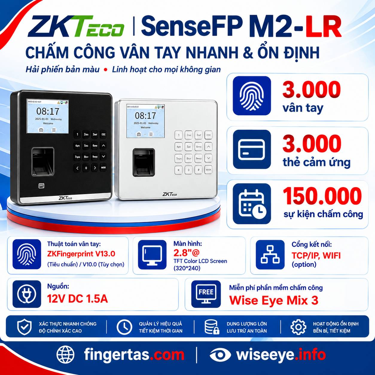 Máy chấm công bằng dấu vân tay ZKTeco SenseFP M2-LR