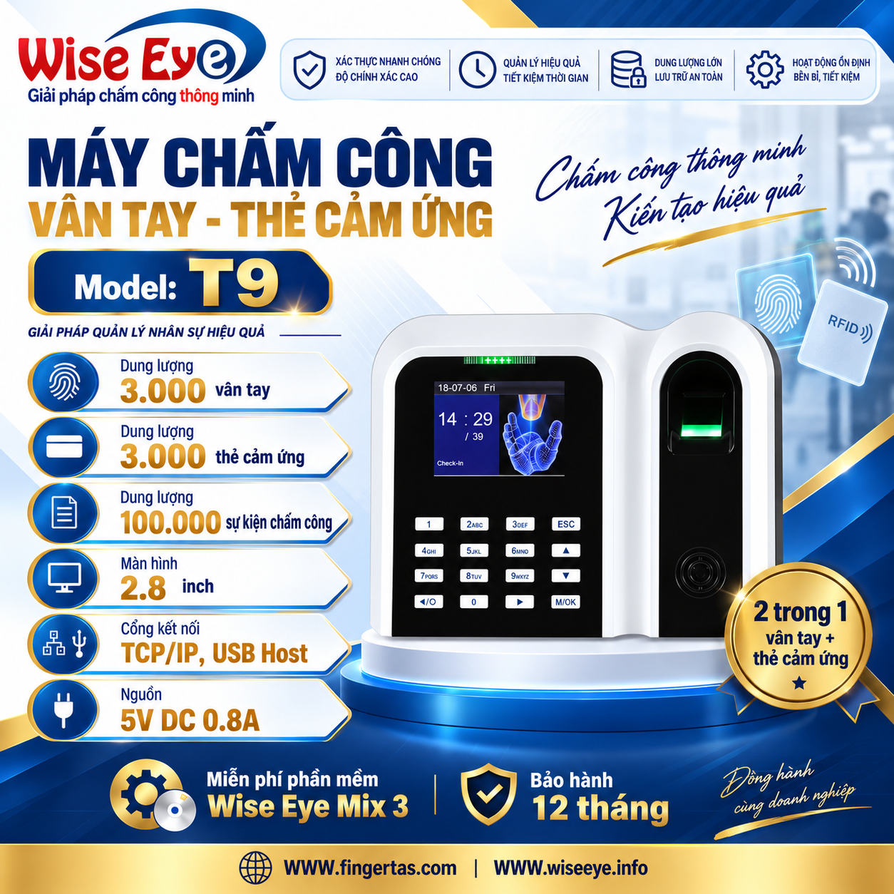 Máy chấm công vân tay T9 Máy chấm công vân tay T9