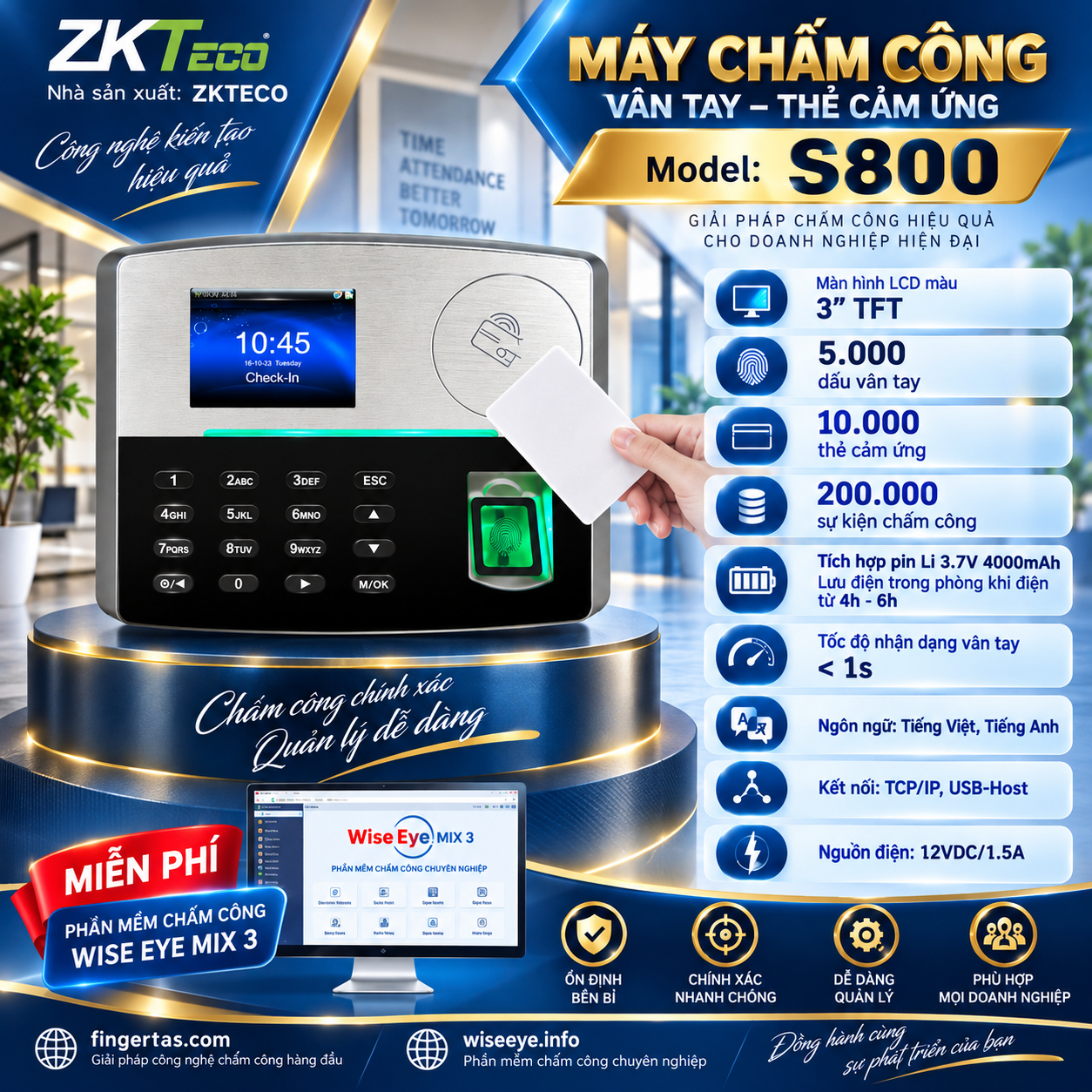Máy chấm công vân tay S800 Máy chấm công vân tay S800