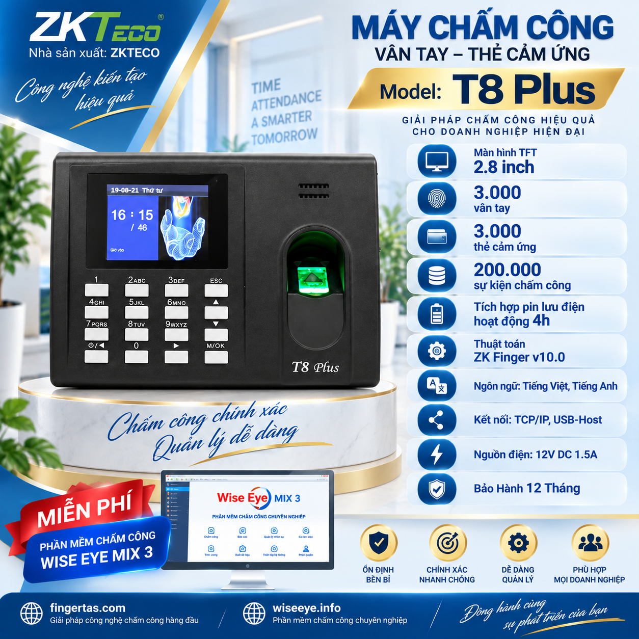 Máy chấm công vân tay T8 Plus