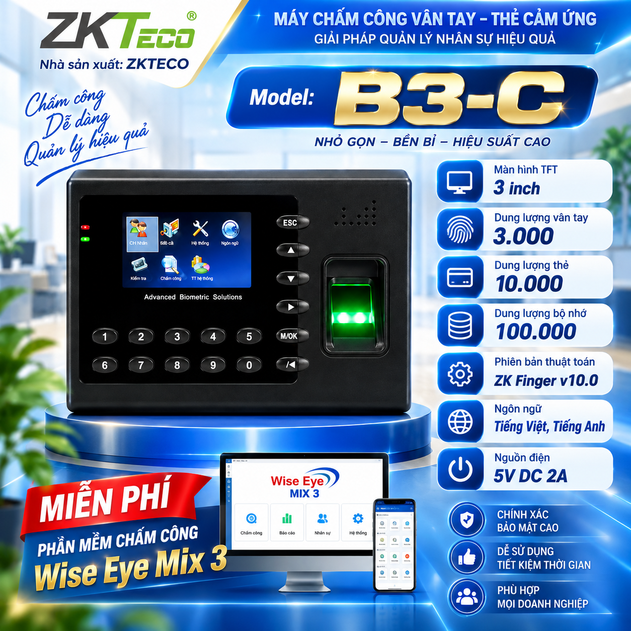 Máy chấm công vân tay ZKTECO B3-C Máy chấm công vân tay ZKTECO B3-C
