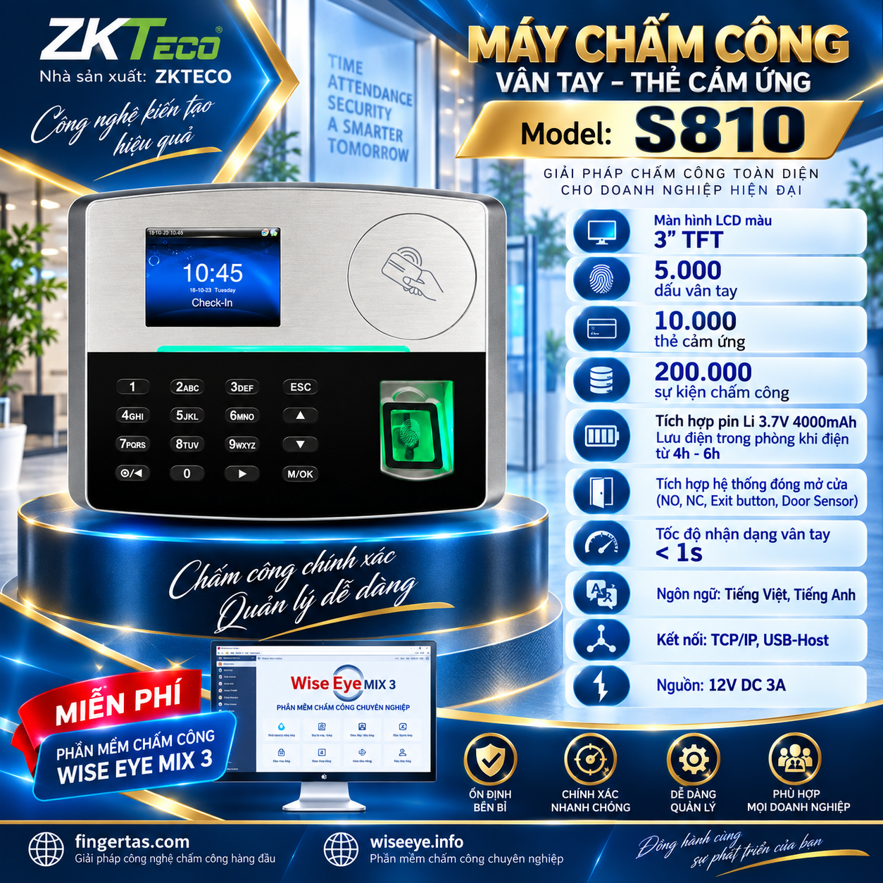 Máy chấm công vân tay S810