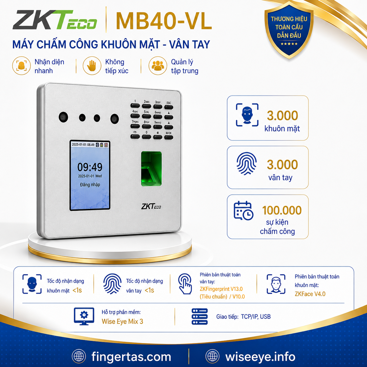 Máy chấm công khuôn mặt ZKTeco MB40-VL Máy chấm công khuôn mặt ZKTeco MB40-VL