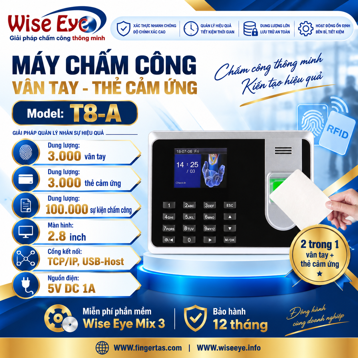 Máy chấm công vân tay T8-A Máy chấm công vân tay T8-A